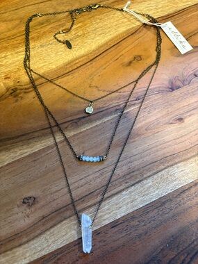 ettika Antique Gold Plated Layered Necklace with White Crystal Pendant NWT